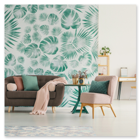 Powder room with bold print wallpaper