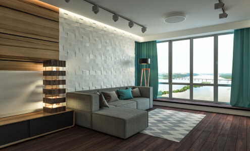 Residential living room with patterned feature wall